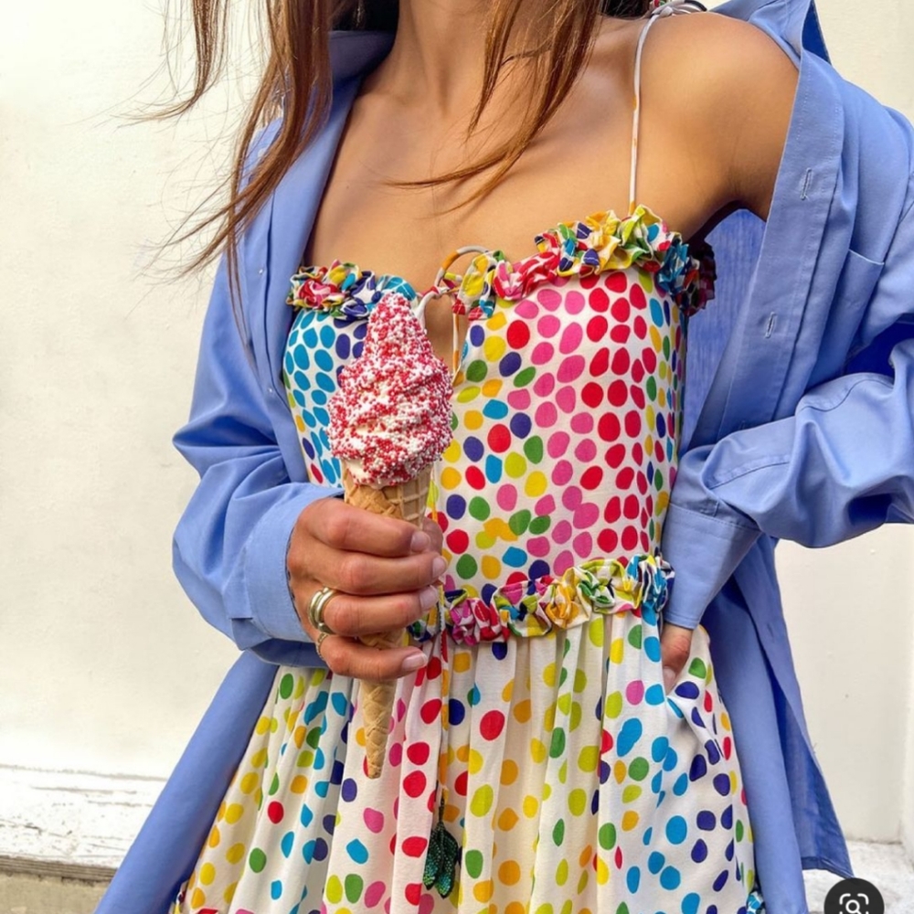 Silk Rainbow Polka Dot Ruffle Babydoll Slip Dress - All Things Mochi - Picture 9 of 9
